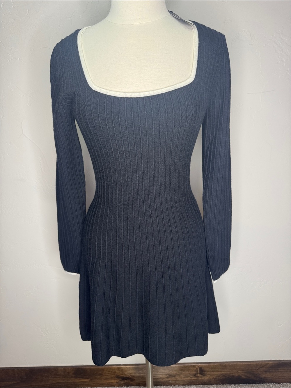 Lulus Simplicity Ribbed Square Neck Fit and Flare Long Sleeve Mini Dress